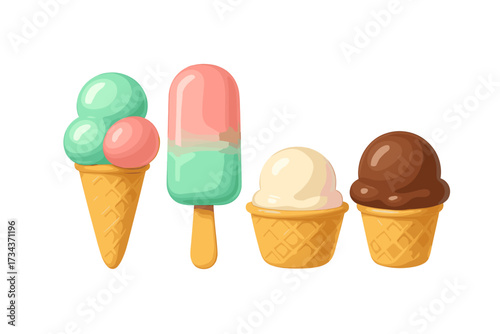 Vibrant collection of sweet frozen desserts including ice cream cones, cups, and refreshing popsicles