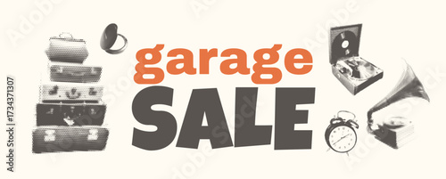 Vintage Garage Sale Vector Illustration with Halftone Effect Featuring Retro Objects