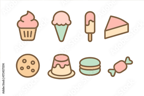 Delicious assortment of sweet desserts and sugary treats including ice cream, cake, cookies, pudding, and candy in a delightful pastel color palette