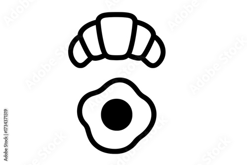 Minimalist outline icons of a freshly baked croissant and a sunny side up fried egg for breakfast menu design elements and culinary graphics