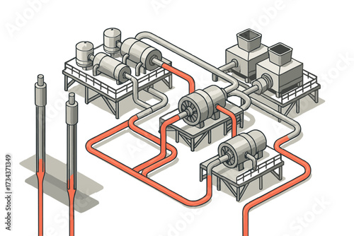 Complex industrial process plant with interconnected machinery, tanks, and liquid flow piping system for energy production