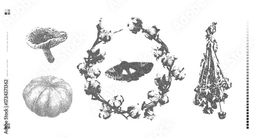 Halloween vector illustration collection. Trendy stippling photocopy effect