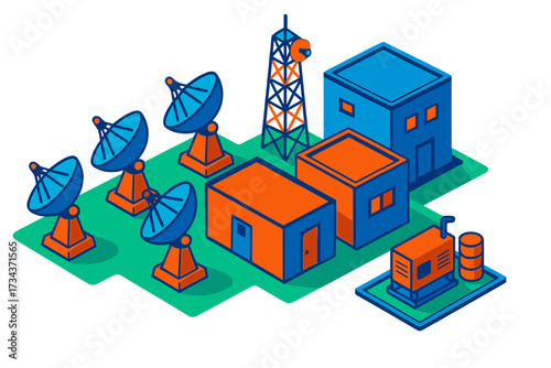 Communication network infrastructure with satellite dishes, transmission tower, and data processing buildings