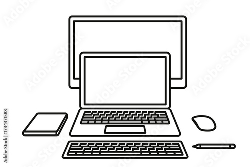 Modern digital workspace setup with laptop, external monitor, keyboard, mouse, and graphic tablet for creative professionals