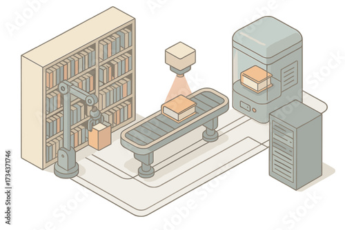 Advanced automated library system featuring a robotic arm, conveyor belt, scanner, and digital book storage for efficient information management