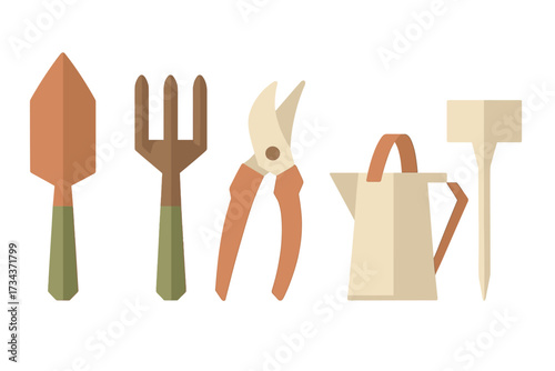 Essential gardening tools set including trowel, hand fork, pruning shears, watering can, and plant marker