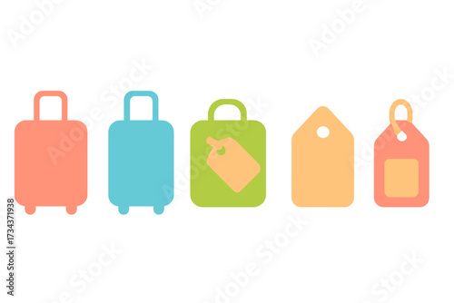 Assortment of colorful travel luggage, shopping bag, and various price tags for retail, tourism, and discount concepts
