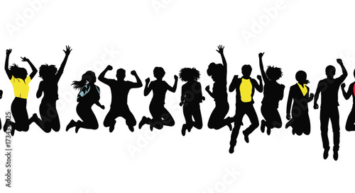 A diverse group of people are joyfully jumping up in the air celebrating a moment of happiness.