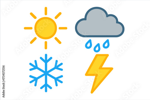Essential weather forecast icons set with sun, rain, snow, and lightning symbols for various atmospheric conditions