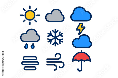 Diverse set of colorful weather forecast icons depicting various atmospheric conditions and meteorological phenomena for daily updates