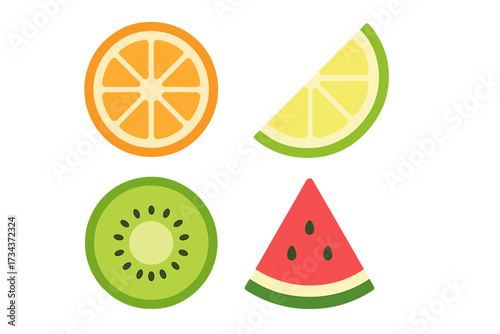 Colorful fruit slices featuring orange, lime, kiwi, and watermelon