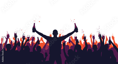 A crowd of silhouetted people cheering and holding up drinks at a lively outdoor event.