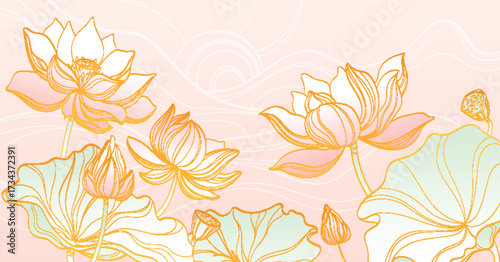 Lotus line golden blooms with delicate outlines on pastel pink background and green leaves for wellness design. Sacred flowers with seed pods. Asian botanical artwork for yoga or beauty branding.