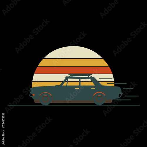 Minimalist retro car silhouette, flat clean design, warm sunset background, nostalgic travel aesthetic