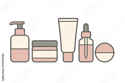 Assortment of beauty and personal care products including lotion pump, cream jar, tube, dropper bottle, and compact