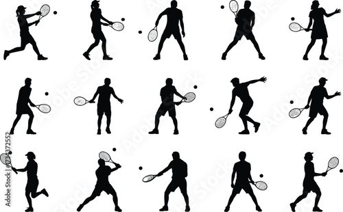 Tennis players silhouettes hitting tennis balls with rackets, sports action, tennis game, athlete movement, outdoor tennis competition, active lifestyle.
