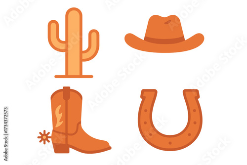Collection of iconic Western desert elements including a saguaro cactus cowboy hat boot and lucky horseshoe