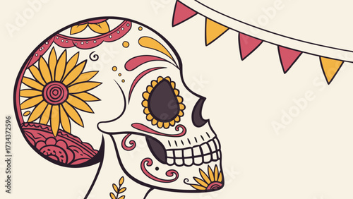 A vibrant and colorful sugar skull illustration, adorned with intricate floral patterns and festive bunting, creating a joyful and celebratory atmosphere