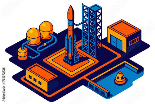 Modern space launch complex with rocket on pad, fuel tanks, and support buildings for cosmic exploration