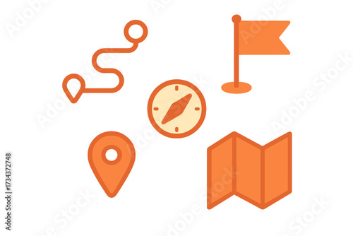 Comprehensive collection of navigation and travel icons featuring map, compass, location pin, winding route, and destination flag symbols