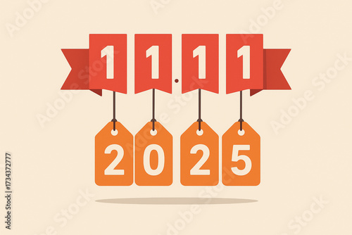 Vector price tags forming 11.11 and 2025 with red ribbons — clean Singles’ Day / Double 11 sale illustration, CMYK-safe, brand-free