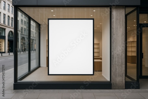 Empty white vertical poster mock up in modern store window with glass walls and concrete facade for branding or advertising display purposes. Ai generative