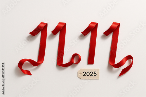 Red satin ribbon forming 11.11 with neutral 2025 price tag — minimal Singles’ Day / Double 11 sale background, brand-free