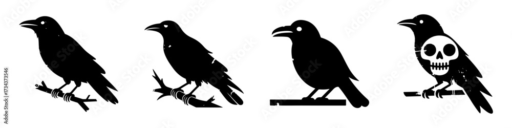 Obraz premium A set of crow or raven bird silhouettes. Gothic style icons for dark and mysterious themes, including one with a skull symbol. Isolated elements.