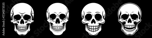 A set of detailed human skull illustrations. Monochrome gothic art perfect for Halloween or dark themes. Isolated on a black background.