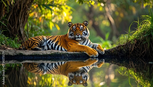 Resting Tiger by the Waterbody with Reflection, Majestic Wildlife Animal Predator Feline Mammal Near River in Serene Natural Habitat for Conservation and Awareness Themes