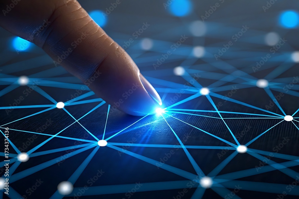 Obraz premium Finger Touches Digital Network Node Interface Abstract Futuristic Technology Innovation Concept