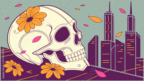 A stylized skull illustration set against a cityscape backdrop, adorned with flowers and falling petals, blending themes of life, death, and urban existence in a unique way
