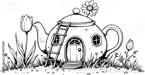Teapot house coloring page for adults and kids printable fairy tale cottage illustration art drawing