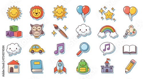 Cute cartoon sticker icon set for kids' education isolated on transparent background vector svg