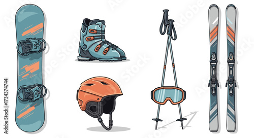 Skiing and snowboarding equipment vector illustration set with essential gear for winter sports.