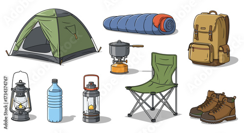 Camping and hiking equipment icon set with tent, backpack, and boots vector illustration svg