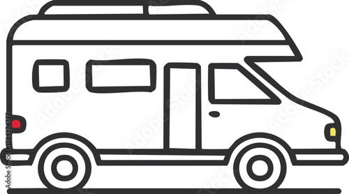 Simple line art illustration of a camper van for a road trip adventure on a white background
