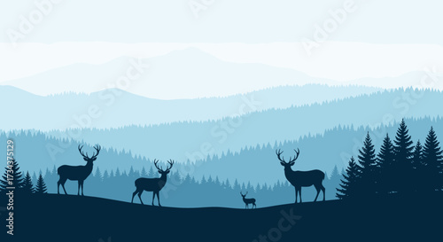 Majestic deer roam freely across serene blue mountain vistas with evergreen forests.