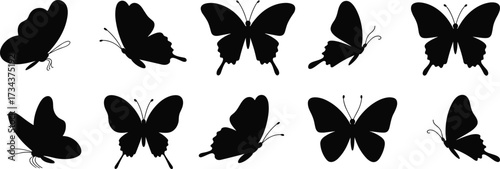 Set of butterfly silhouettes vector, flying insect collection, decorative nature icons, moth and butterfly shapes, wildlife outline illustration