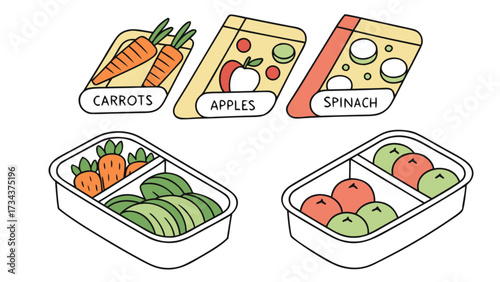 Illustration of lunch boxes with healthy food like carrots, apples, and spinach, perfect for school lunches and promoting healthy eating habits