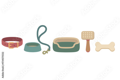 Essential pet care accessories and supplies set including collar leash bowl bed brush and bone