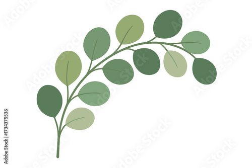 Simple stylized green foliage branch with round leaves in various shades for natural design elements and decorative backgrounds