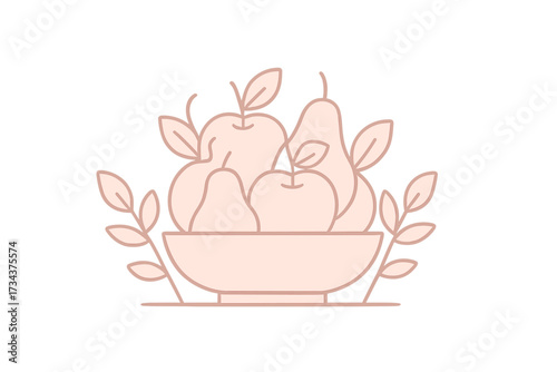 Stylized fruit bowl with fresh apples and pears and elegant leafy branches in a minimalist design