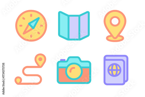 Colorful travel and navigation icons with map, compass, camera, passport, and location pins for global exploration