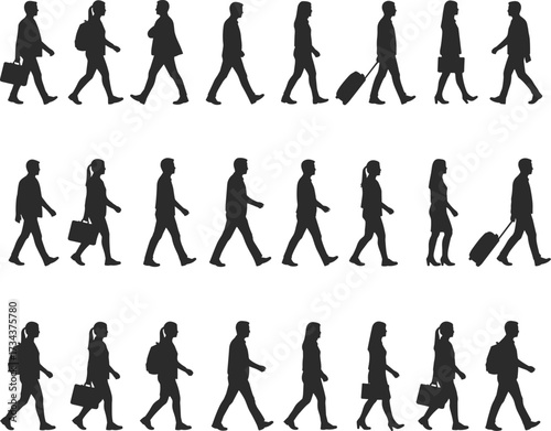 Silhouette walking people set, commuters with bags, travel icon collection, rolling suitcase graphic, profile view, minimal design, vector illustration, urban lifestyle concept