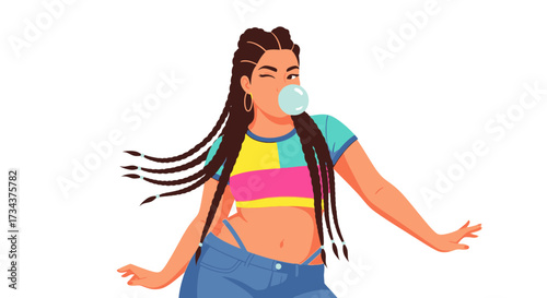 Young woman dancing and blowing bubble gum with breezy style, image diversity concept  