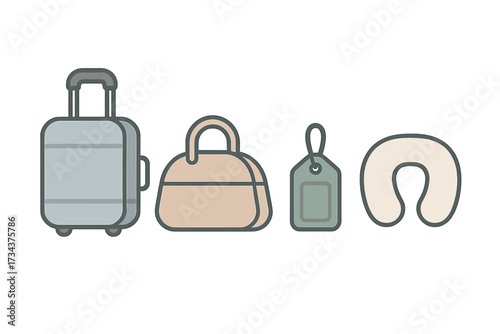 Essential travel items including a rolling suitcase, a duffel bag, a luggage tag, and a comfortable neck pillow