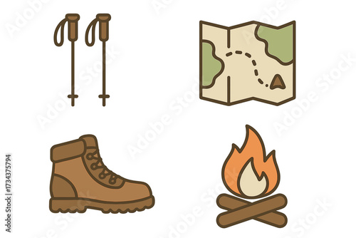 Collection of essential outdoor adventure hiking and camping equipment including map, boot, trekking poles, and campfire