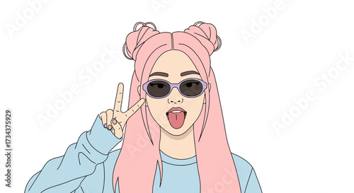 Young woman posing with peace sign and sticking out tongue, image diversity concept  