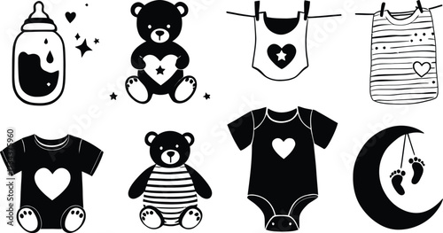 Baby shower vector graphics set with teddy bears onesies and moon for baby products and designs